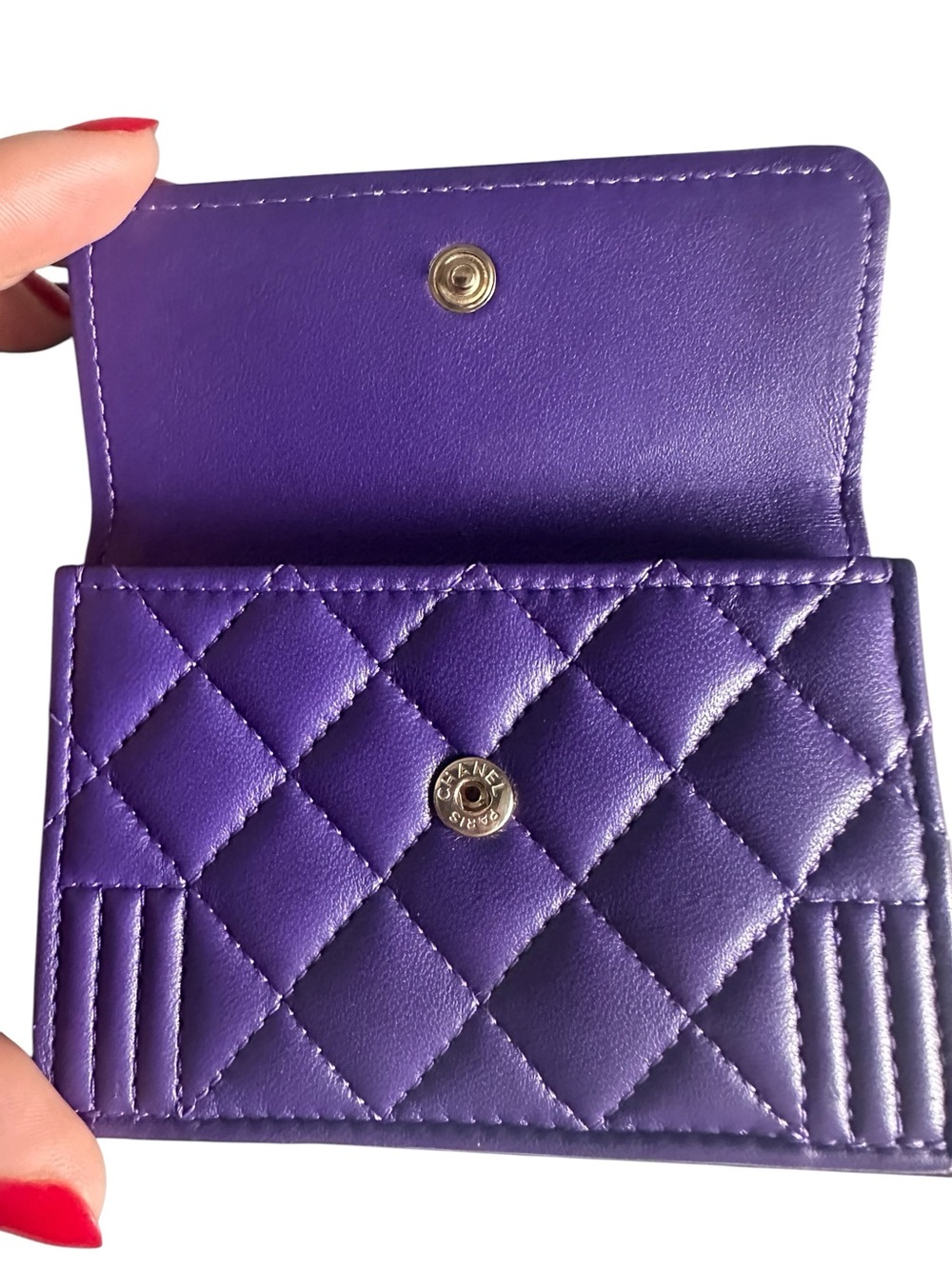 CHANEL Boy Purple Lambskin Quilted Flap Wallet Card Holder Full Set - Picture 8 of 16
